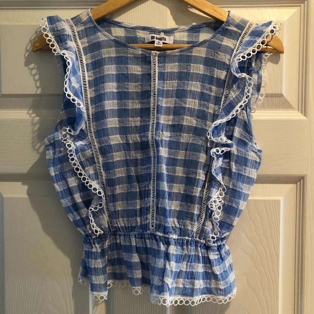 BB Dakota Light Blue Gingham Ruffle Top Medium